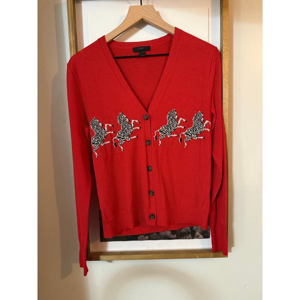 J.Crew featherweight Marino wool red zebra cardigan size small